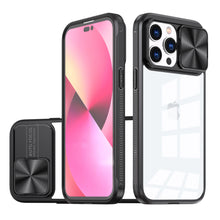 For iPhone 13/14 Case Rear Lens Sliding Cover Clear Hybrid + Tempered Glass