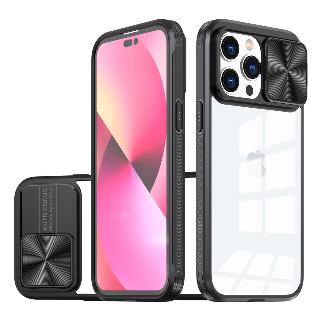 For iPhone 11 6.1 in. Case Rear Lens Slider Cover Rugged Hybrid + Tempered Glass