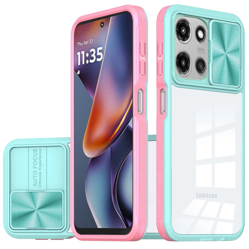 For Moto G 2025 Case Rear Lens Sliding Cover Clear Back Hybrid + Tempered Glass