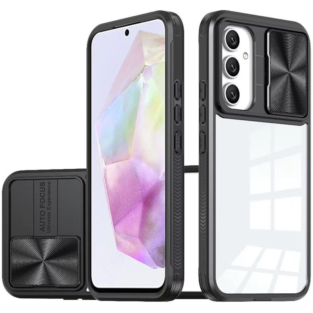 For Samsung A36 Case Rear Lens Sliding Cover Clear Hybrid + Tempered Glass