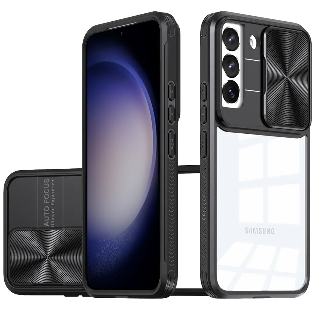 For Samsung S23 FE 5G Case Rear Lens Sliding Cover Hybrid + Tempered Glass