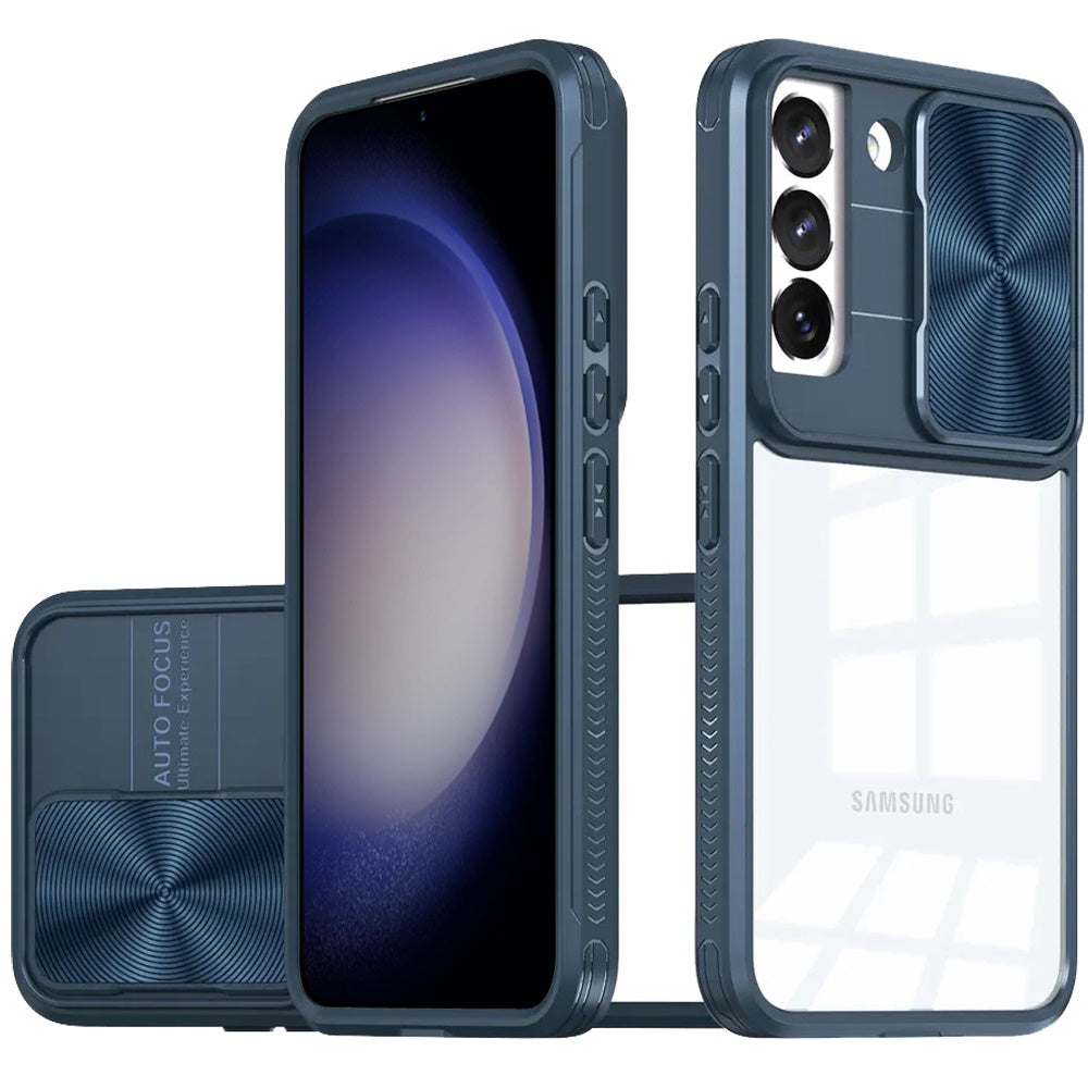 For Samsung S23 FE 5G Case Rear Lens Sliding Cover Hybrid + Tempered Glass