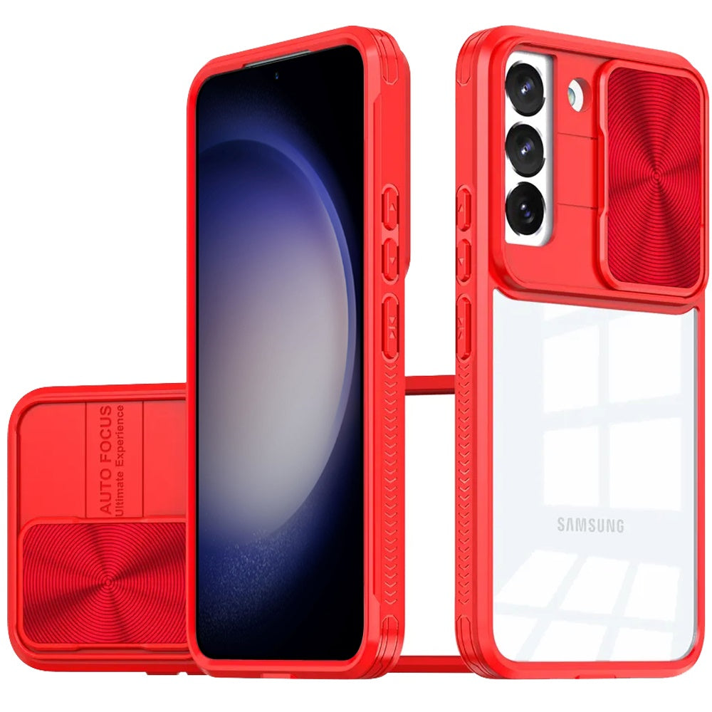 For Samsung S23 FE 5G Case Rear Lens Sliding Cover Hybrid + Tempered Glass
