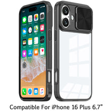 For iPhone 16 Plus 6.7in Case Rear Lens Sliding Cover Clear + Tempered Glass