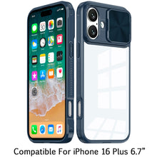 For iPhone 16 Plus 6.7in Case Rear Lens Sliding Cover Clear + Tempered Glass