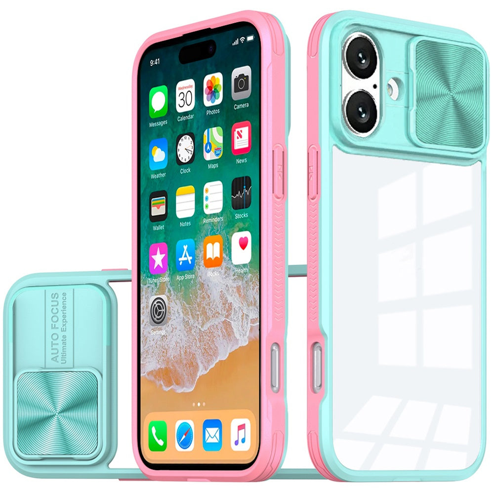 For iPhone 16 Plus 6.7in Case Rear Lens Sliding Cover Clear + Tempered Glass