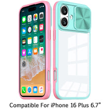 For iPhone 16 Plus 6.7in Case Rear Lens Sliding Cover Clear + Tempered Glass