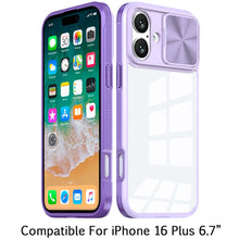 For iPhone 16 Plus 6.7in Case Rear Lens Sliding Cover Clear + Tempered Glass