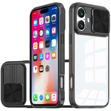 For iPhone 16 6.1inch Case Rear Lens Sliding Cover Clear Hybrid + Tempered Glass
