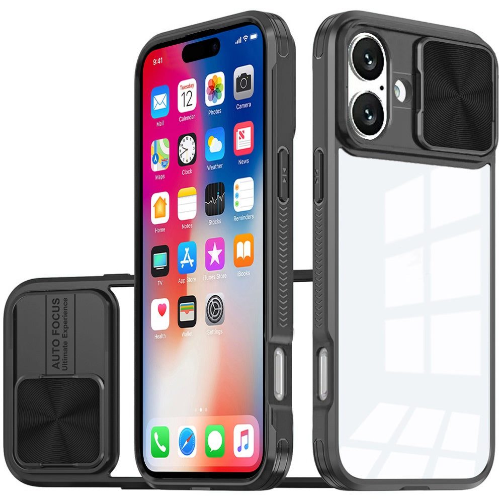For iPhone 16 6.1inch Case Rear Lens Sliding Cover Clear Hybrid + Tempered Glass