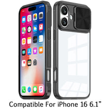 For iPhone 16 6.1inch Case Rear Lens Sliding Cover Clear Hybrid + Tempered Glass