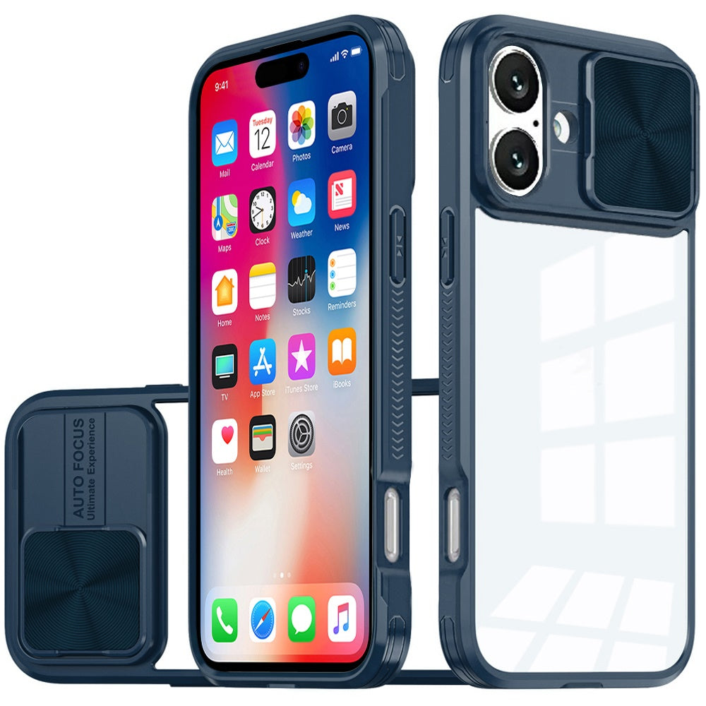 For iPhone 16 6.1inch Case Rear Lens Sliding Cover Clear Hybrid + Tempered Glass