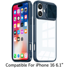 For iPhone 16 6.1inch Case Rear Lens Sliding Cover Clear Hybrid + Tempered Glass