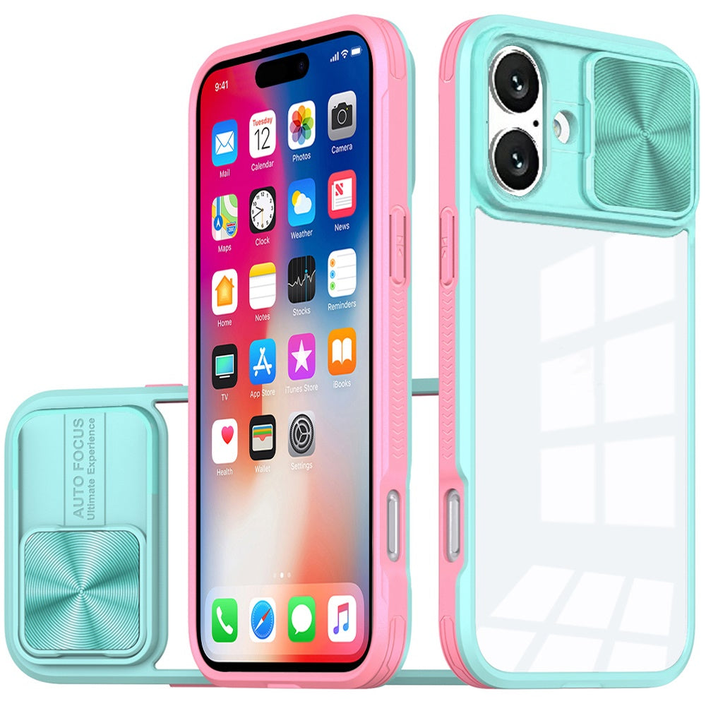 For iPhone 16 6.1inch Case Rear Lens Sliding Cover Clear Hybrid + Tempered Glass