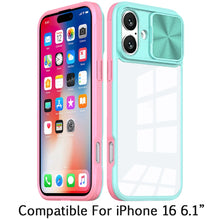 For iPhone 16 6.1inch Case Rear Lens Sliding Cover Clear Hybrid + Tempered Glass