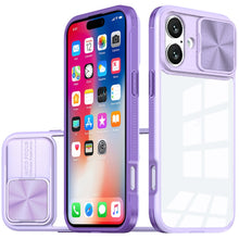 For iPhone 16 6.1inch Case Rear Lens Sliding Cover Clear Hybrid + Tempered Glass