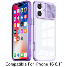 For iPhone 16 6.1inch Case Rear Lens Sliding Cover Clear Hybrid + Tempered Glass