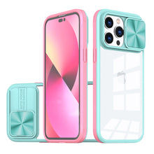 For iPhone 13/14 Case Rear Lens Sliding Cover Clear Hybrid + Tempered Glass