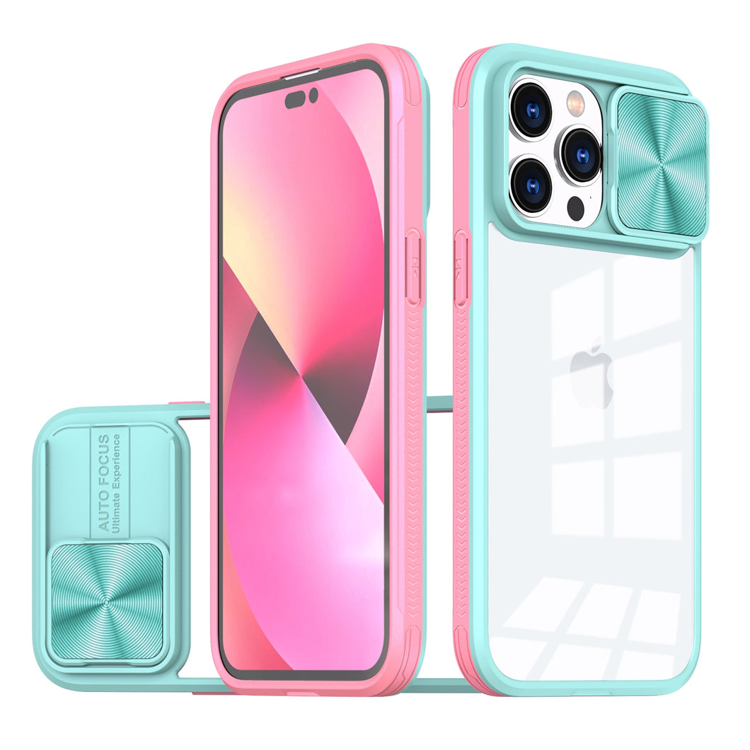 For iPhone 13/14 Case Rear Lens Sliding Cover Clear Hybrid + Tempered Glass