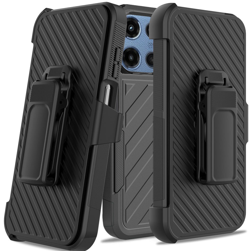 For Moto G 2025 Case Heavy-Duty Holster Combo Line Design Cover + Tempered Glass