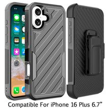 For iPhone 16 Plus 6.7in Case Heavy-Duty Holster Lined Cover + Tempered Glass