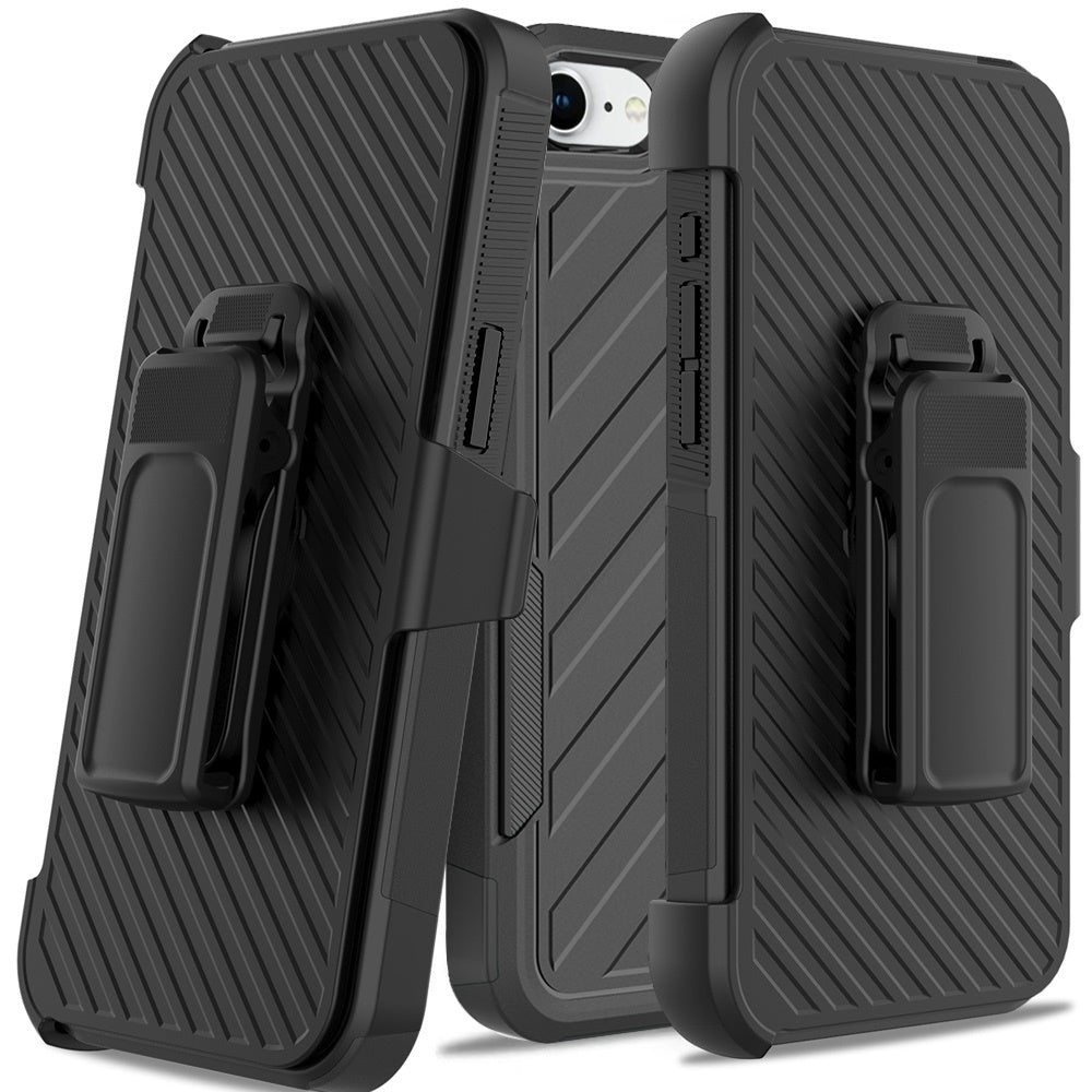 For iPhone 16e Case Heavy-Duty Holster Combo Lined Phone Cover + Tempered Glass