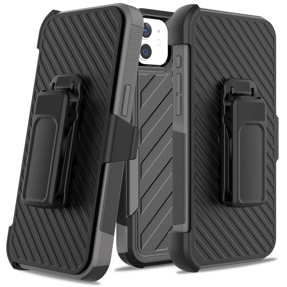 For iPhone 11 6.1 in. Case Heavy-Duty Holster Lined Cover Combo + Tempered Glass
