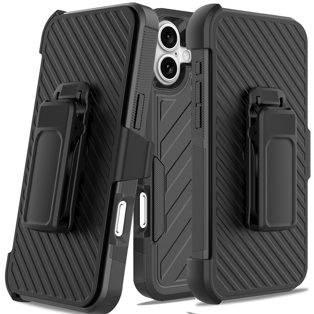 For iPhone 16 6.1inch Case Heavy-Duty Holster Lined Phone Cover + Tempered Glass