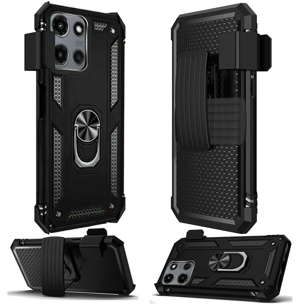 For Moto G Stylus 2025 Case Magnetic Ringstand w/ Holster Clip + Tempered Glass