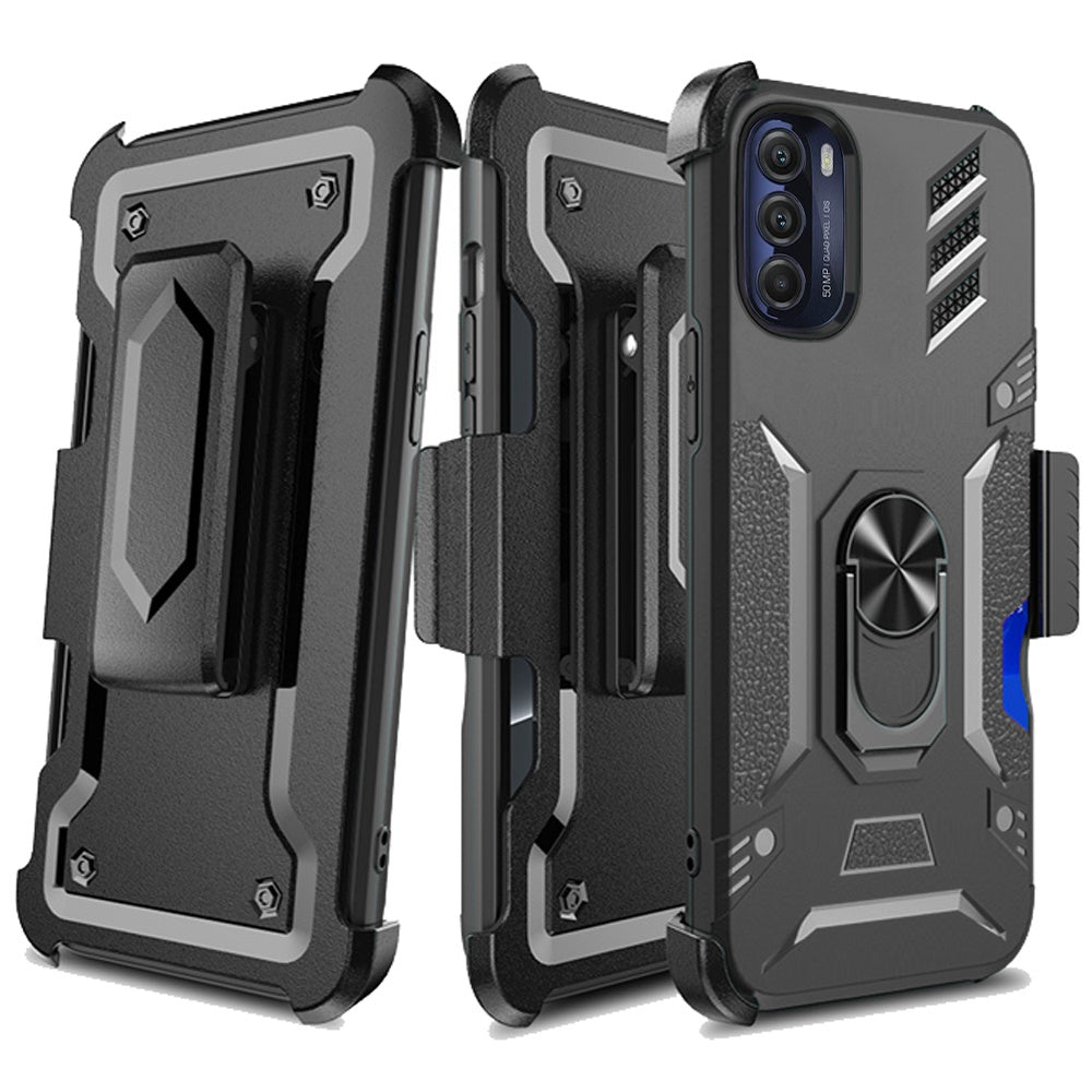 For Moto G 5G 2022 Case 3in1 Combo Holster Card Holder Ring Stand Phone Cover