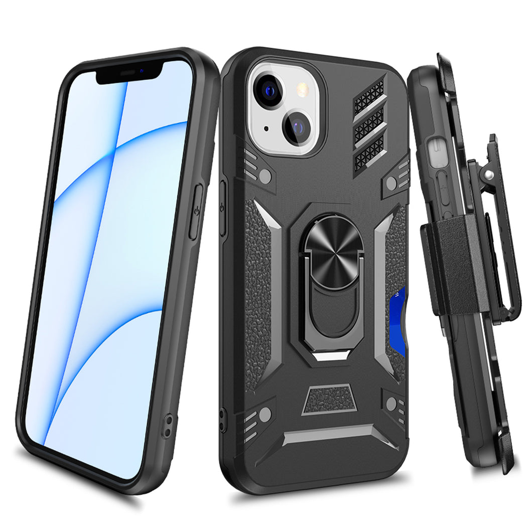 For iPhone 13 Pro Max Case 3in1 Combo Holster Card Holder Ring Stand Phone Cover