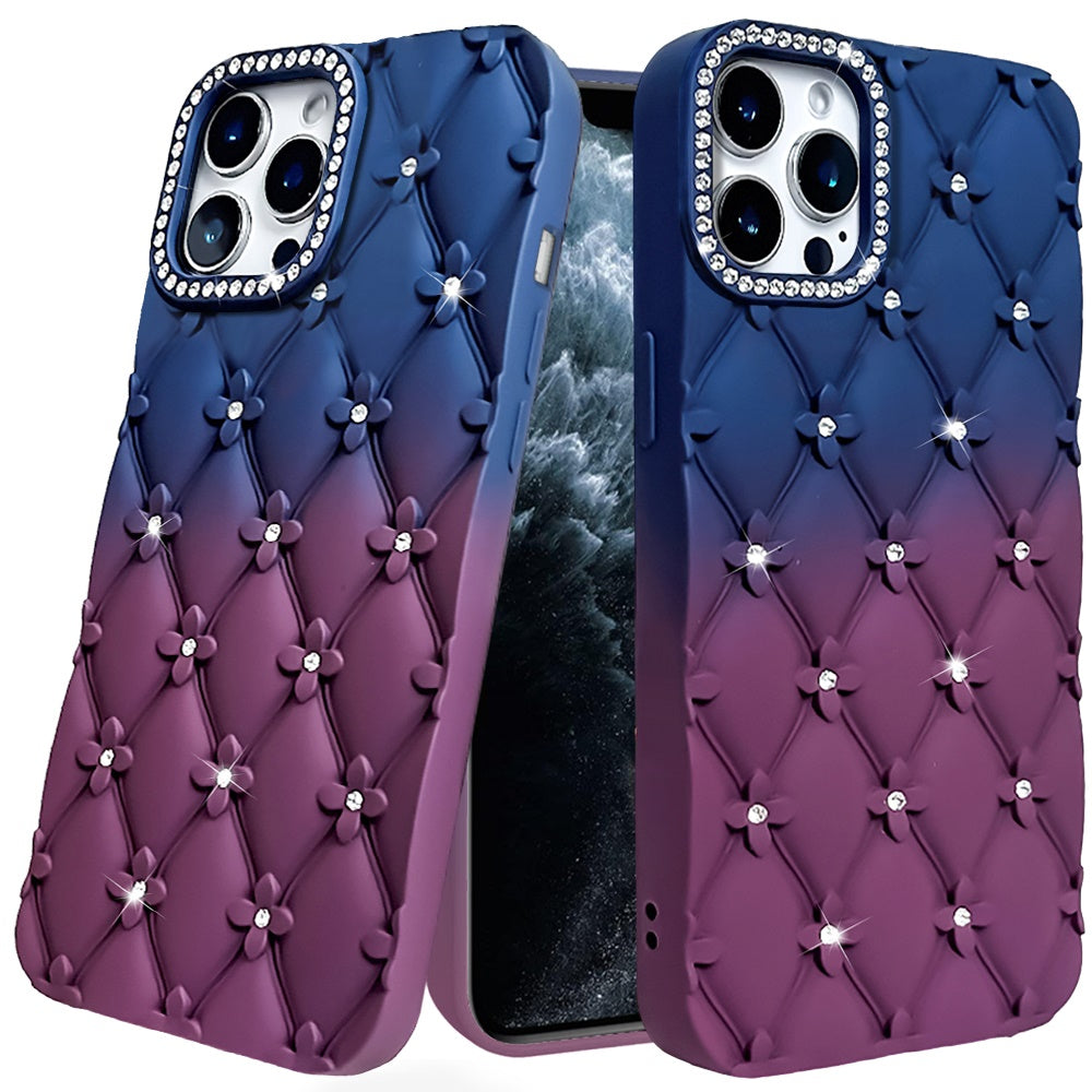 For iPhone 11 Pro Max Case Bling Diamond Pattern Padded Cover + Tempered Glass