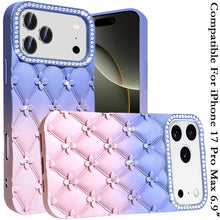 For iPhone 17 Pro Max Case Bling Diamond Pattern Padded Cover + Tempered Glass