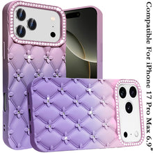 For iPhone 17 Pro Max Case Bling Diamond Pattern Padded Cover + Tempered Glass