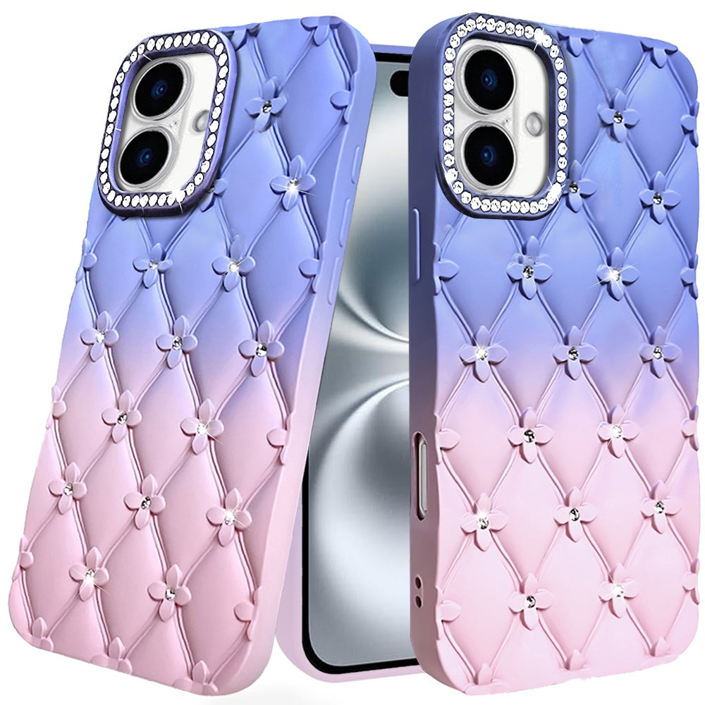 For iPhone 16 Plus 6.7in Case Bling Diamond Quilted Pattern + Tempered Glass