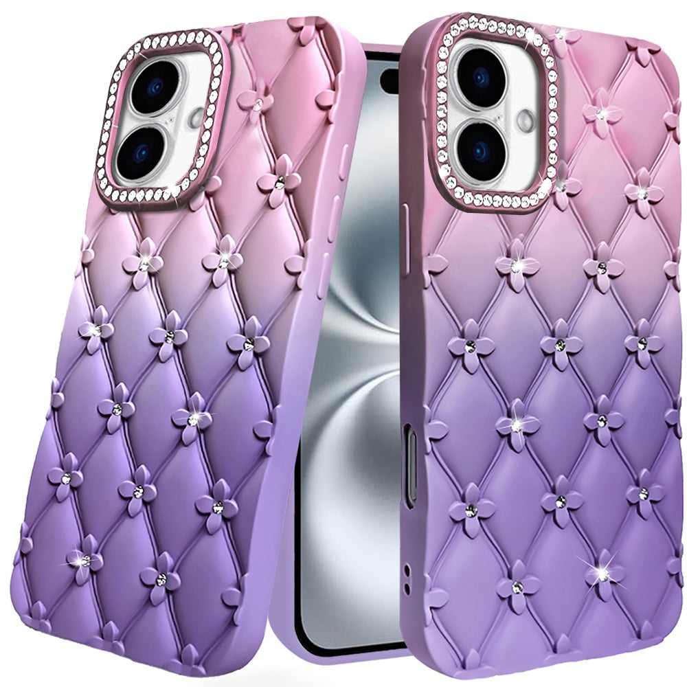 For iPhone 16 Plus 6.7in Case Bling Diamond Quilted Pattern + Tempered Glass