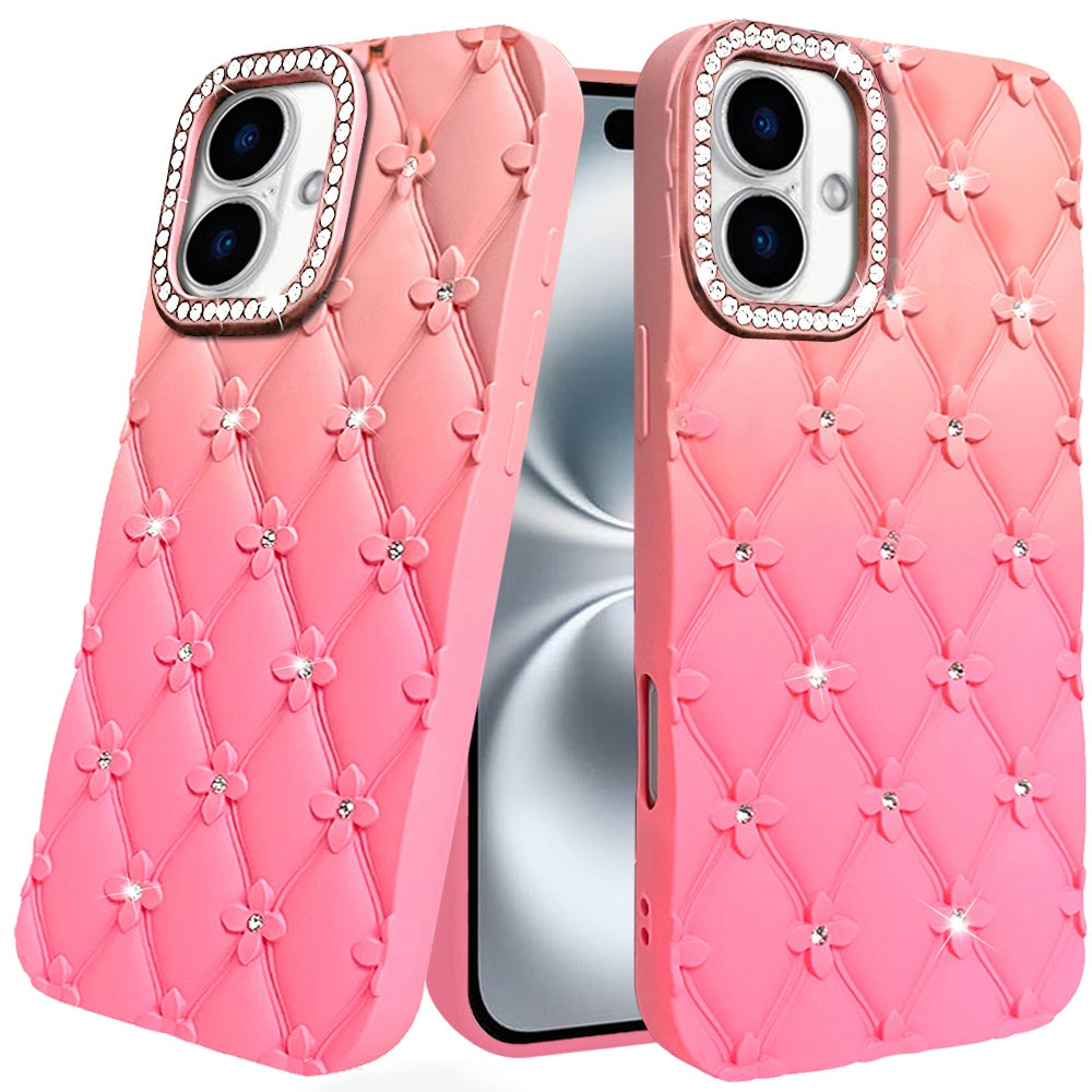For iPhone 16 Plus 6.7in Case Bling Diamond Quilted Pattern + Tempered Glass