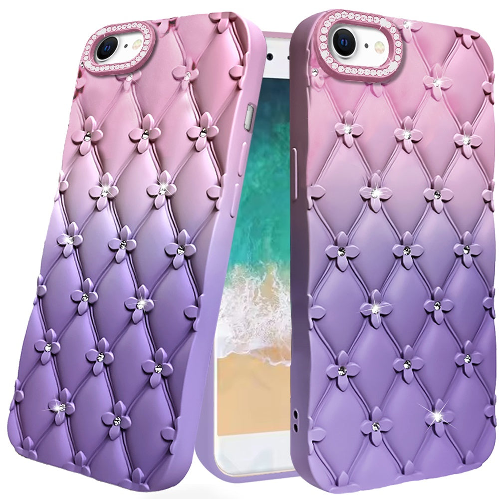 For iPhone 16e Case Bling Diamond Pattern Padded Phone Cover + Tempered Glass