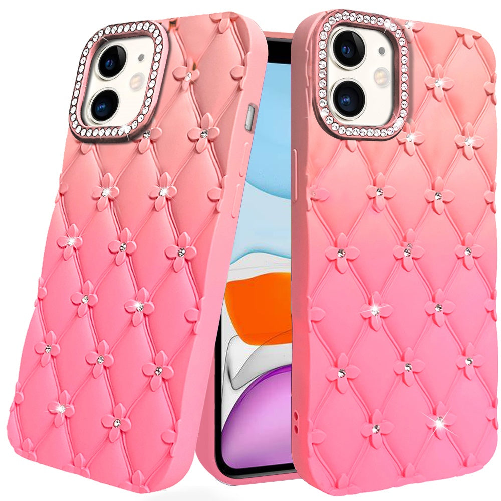For iPhone 11 6.1 in. Case Bling Diamond Pattern Padded Cover + Tempered Glass