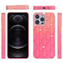 For iPhone 12 Pro Max Case Bling Diamond Pattern Padded Cover + Tempered Glass