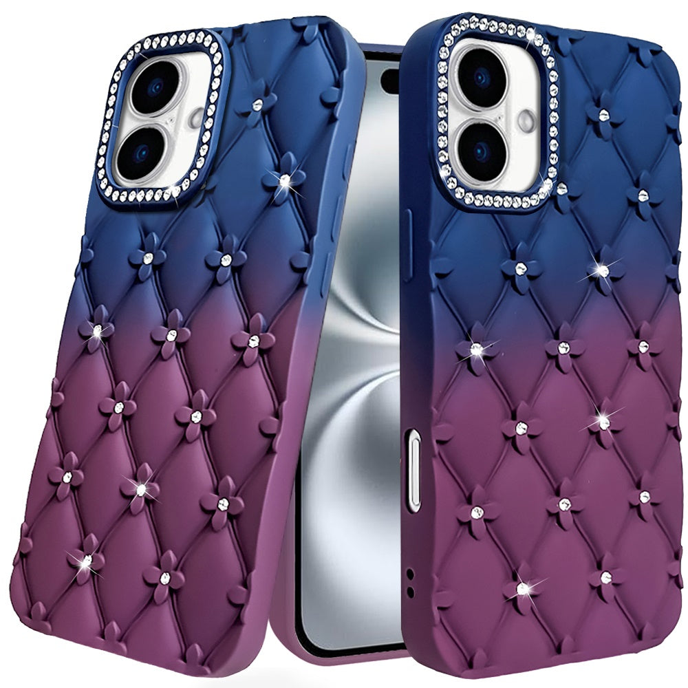 For iPhone 15 Case Bling Diamond Quilted Pattern Phone Cover + 2 Tempered Glass