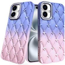 For iPhone 16 6.1inch Case Bling Diamond Pattern Padded Cover + Tempered Glass