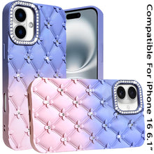 For iPhone 16 6.1inch Case Bling Diamond Pattern Padded Cover + Tempered Glass