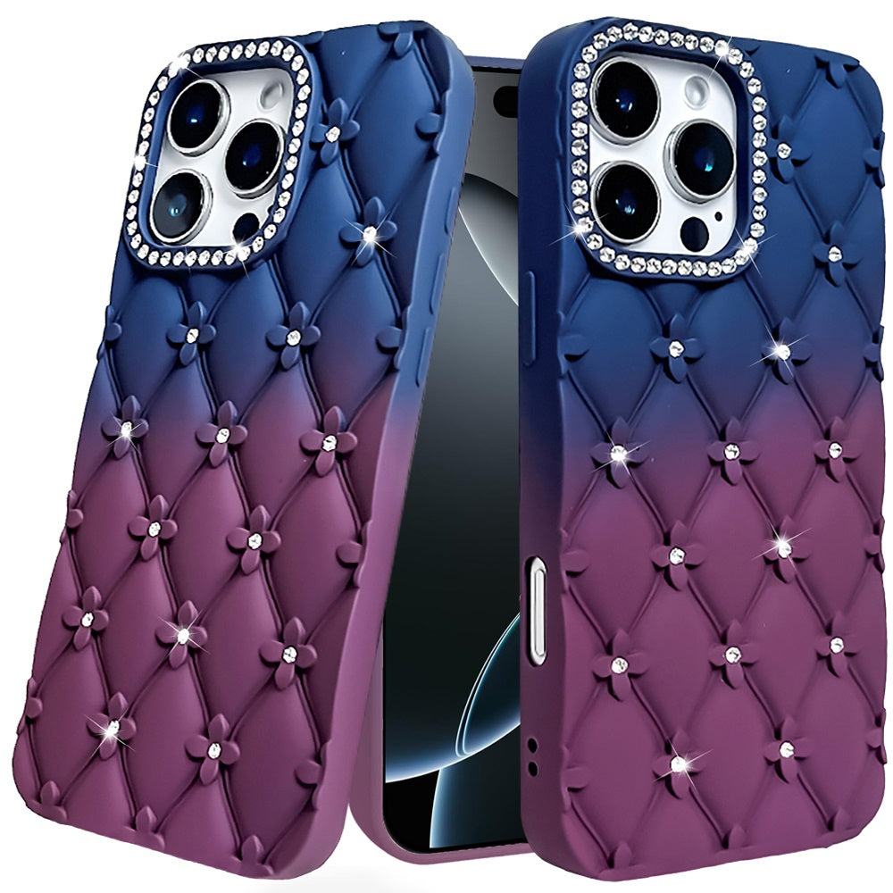 For iPhone 16 6.1inch Case Bling Diamond Pattern Padded Cover + Tempered Glass