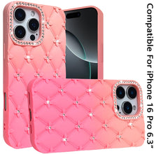 For iPhone 16 Pro 6.3in Case Bling Diamond Pattern Padded Cover + Tempered Glass