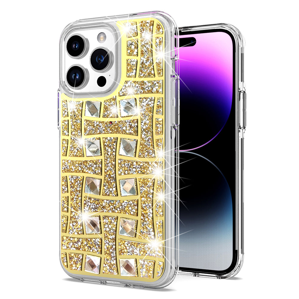 For iPhone 11 6.1 in. Case Dual Layer Shimmering Bling Hybrid + Tempered Glass