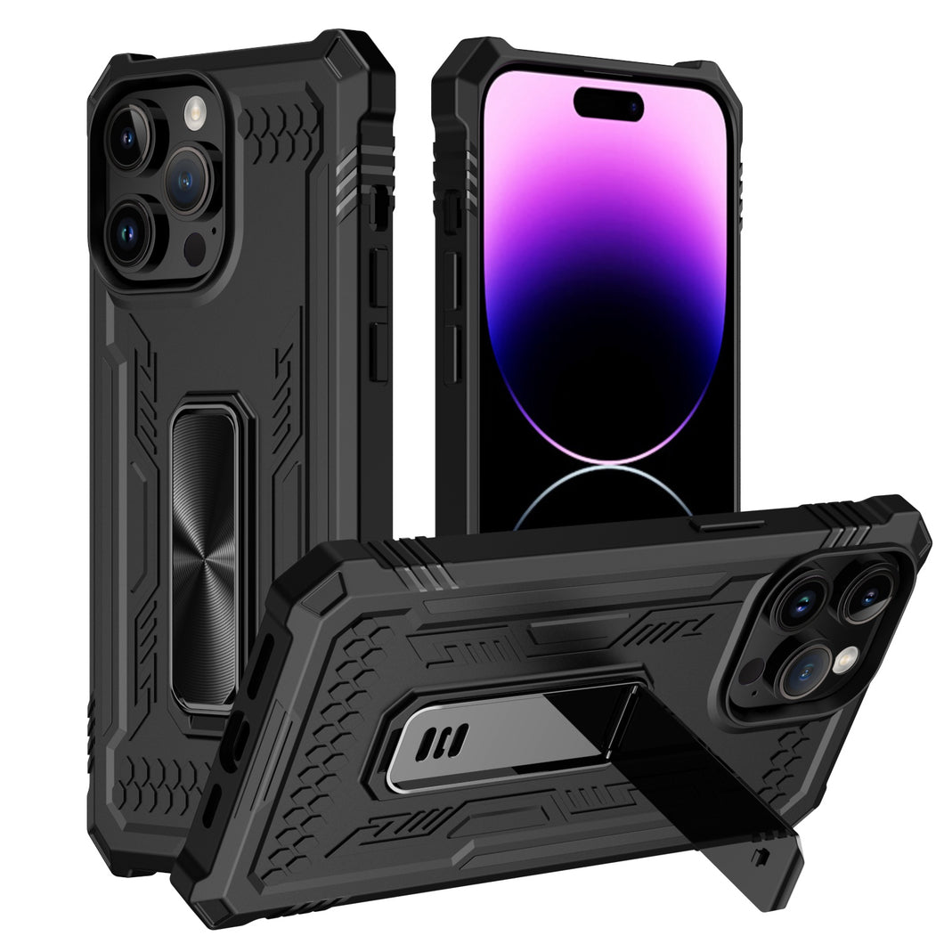 For iPhone 11 6.1 in. Case Shockproof with Pull-Out Kickstand + Tempered Glass