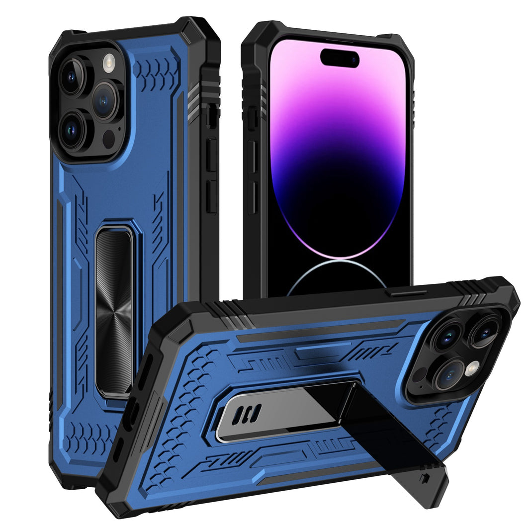 For iPhone 11 6.1 in. Case Shockproof with Pull-Out Kickstand + Tempered Glass