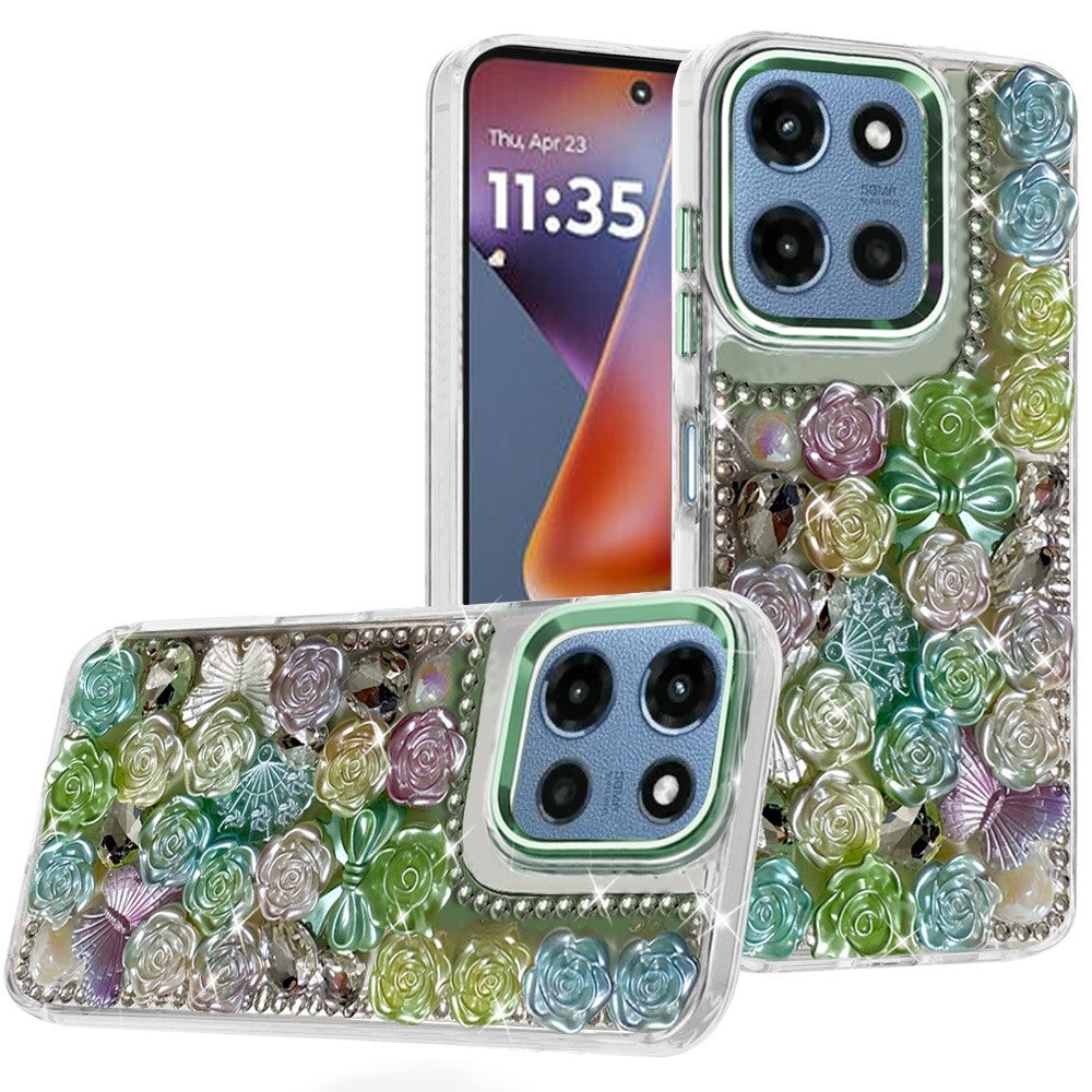 For Moto G 2025 Case Roses Arrangement 3D Bling Phone Cover + Tempered Glass