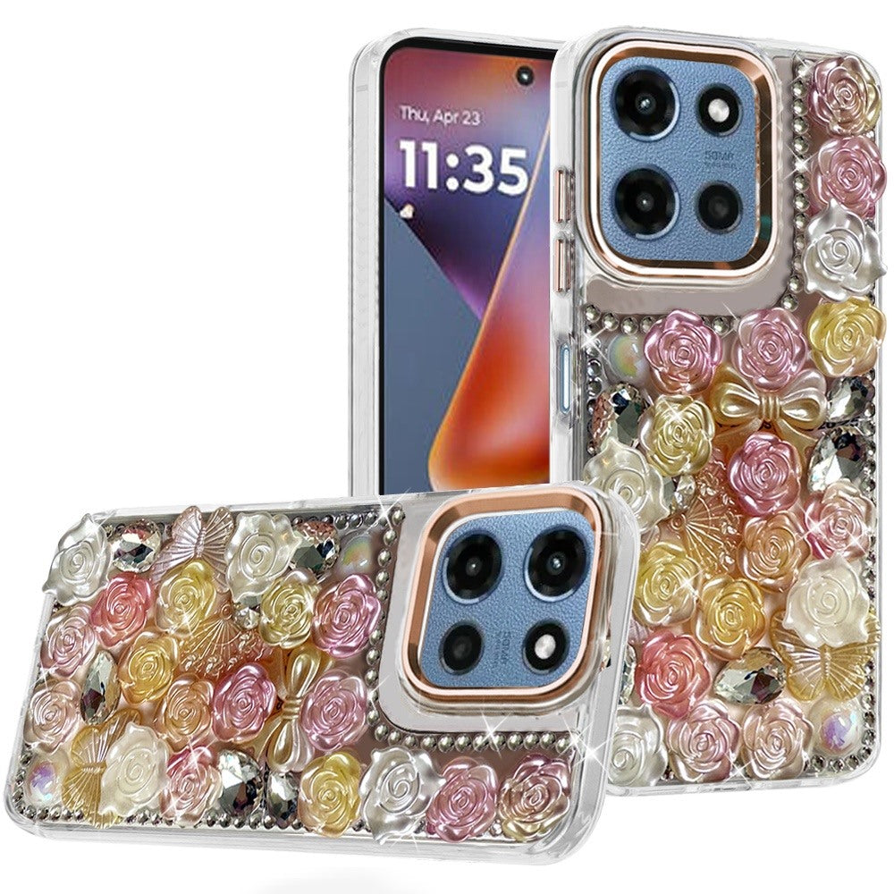 For Moto G 2025 Case Roses Arrangement 3D Bling Phone Cover + Tempered Glass